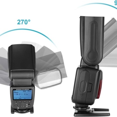 Flash externo preto para câmara fotográfica com cabeçote ajustável e visor digital azul