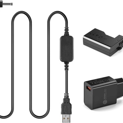 Cabo USB, carregador de tomada e adaptador de bateria pretos
