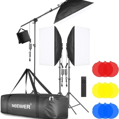 Kit de iluminação fotográfica completo NEEWER com softbox, tripés, filtro colorido e saco de transporte preto