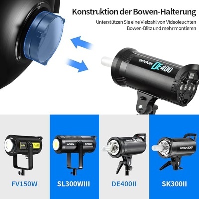 Várias luzes de estúdio Godox com texto em alemão destacando montagem de suporte Bowen.