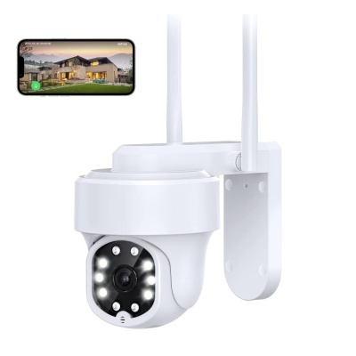 Câmara de segurança externa branca com antenas e LEDs para visão noturna