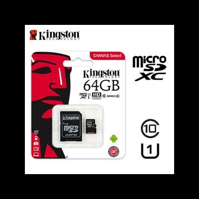 Cartão microSD Kingston Canvas Select 64GB com adaptador em embalagem branca, vermelha e preta