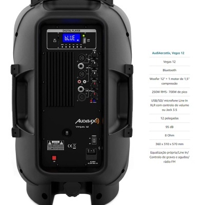 Coluna portátil preta Audiomax Vegas 12 com painel traseiro e ecrã digital azul