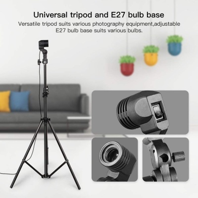 Tripé universal preto ajustável com base E27 para lâmpadas