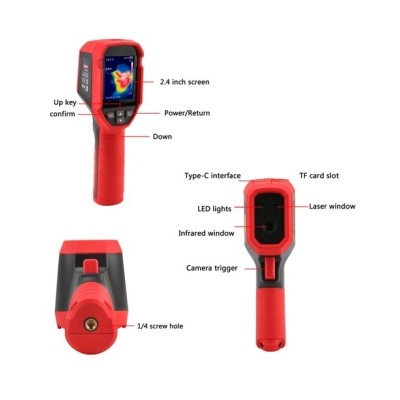 Termovisor portátil vermelho com ecrã e várias funcionalidades e entradas