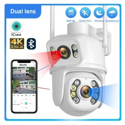 Câmara de vigilância branca com lente dupla e smartphone com app de vigilância