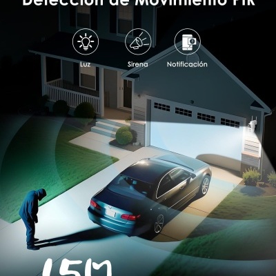 Casa com carro preto na garagem à noite com luzes de detecção de movimento PIR
