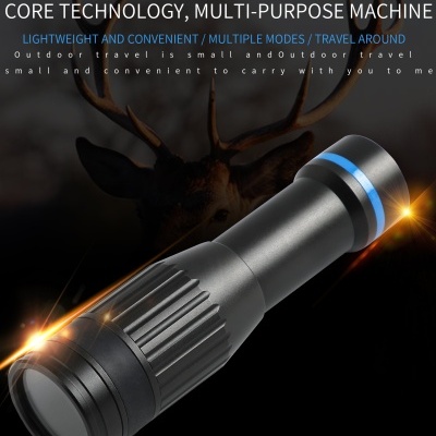 Monocular preto com detalhes azuis em fundo escuro e texto promocional