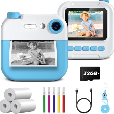 Câmara digital instantânea azul e branca com acessórios