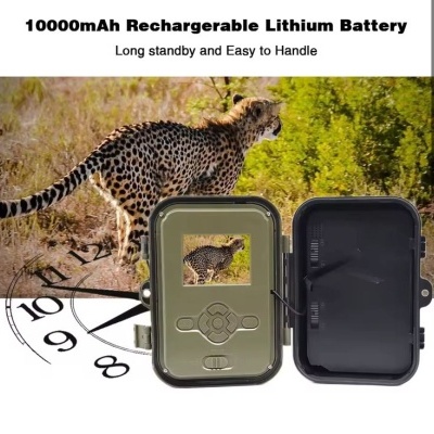 Caixa verde-oliva com tela mostrando um guepardo e texto sobre bateria recarregável