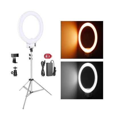 Luz de anel LED com tripé, comando e suporte para telemóvel
