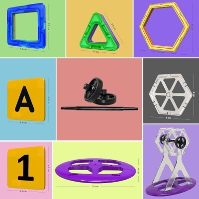 Peças geométricas coloridas e suportes para montagem com medidas visíveis