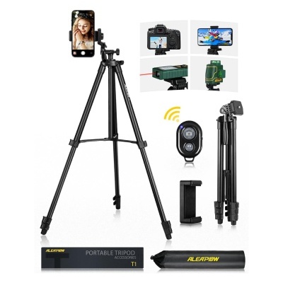 Tripé portátil preto com suporte para smartphone e comando remoto Bluetooth