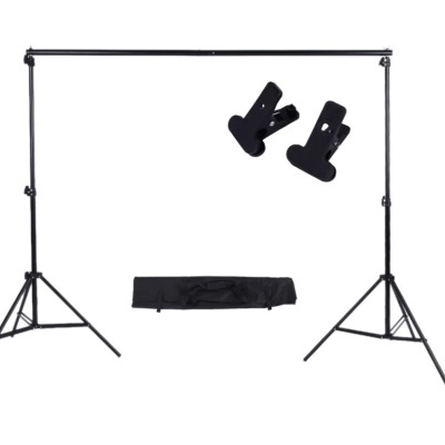 Suporte fotográfico preto com grampos e bolsa de transporte