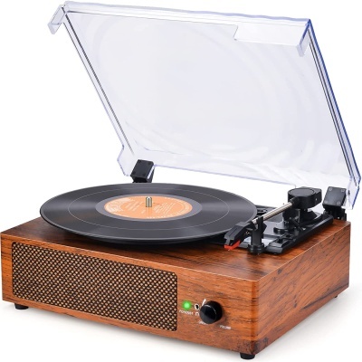 toca-discos vintage em madeira com disco de vinil e tampa transparente