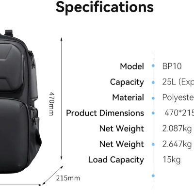 Mochila preta de poliéster modelo BP10 com especificações e dimensões