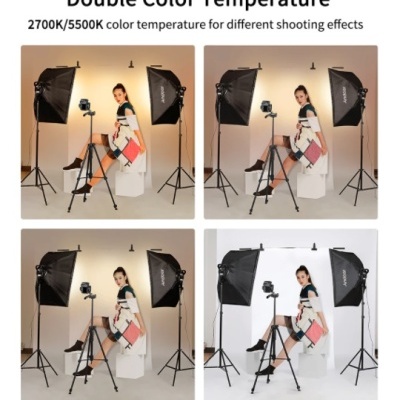 estúdio fotográfico com iluminação profissional e modelo sentada, mostrando diferentes temperaturas de cor