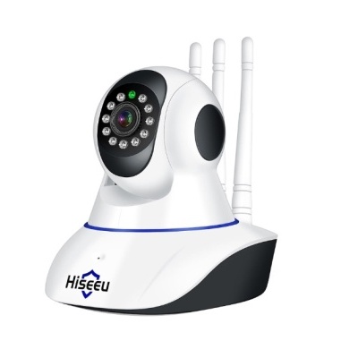 Câmara de vigilância branca e negra da marca Hiseeu com LEDs periféricos e três antenas