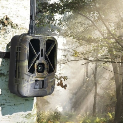 Câmara de vigilância camuflada com antena fixada numa parede numa floresta