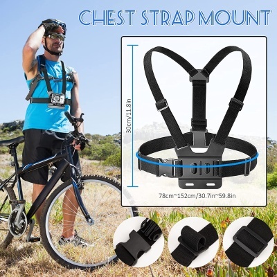 Suporte de câmara para peito preto ajustável com ciclista e bicicleta ao ar livre