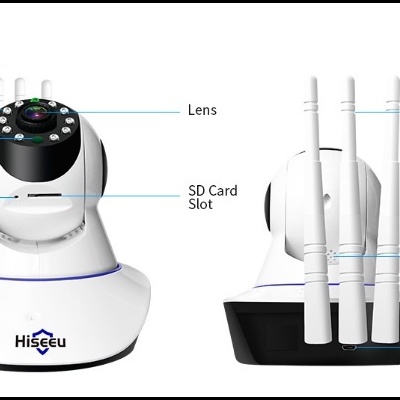 Câmara de segurança branca Hiseeu com antenas e LEDs