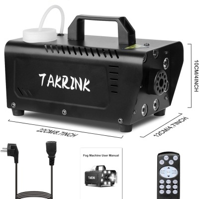 Máquina de névoa preta TAKRINK com controle remoto e acessórios sobre fundo branco