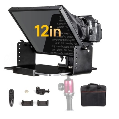 Teleprompter 12 polegadas com visor de vidro temperado, suporte para câmara preto e bolsa de transporte.