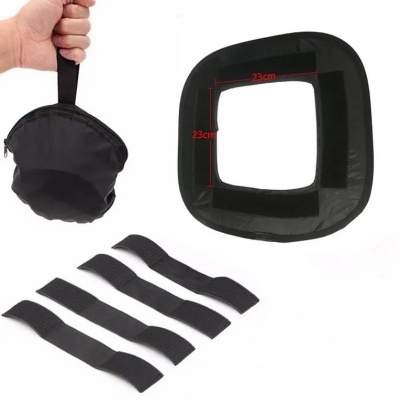 Acessórios pretos em tecido, incluindo bolsa, estrutura quadrada 23x23cm e tiras de velcro.