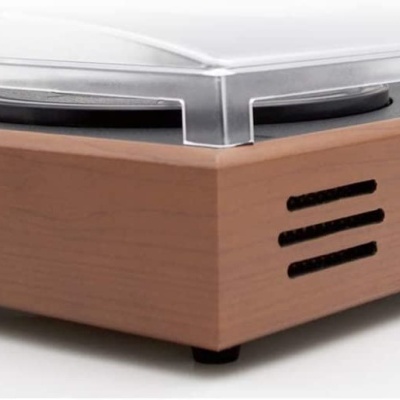 Fogão elétrico portátil com acabamento em madeira e tampa transparente