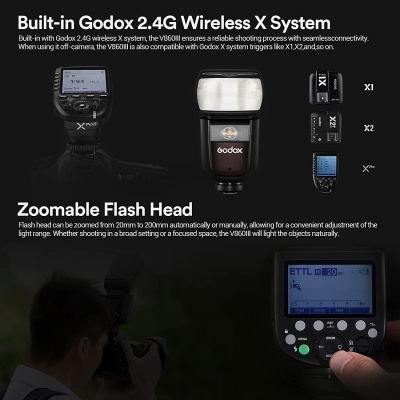 Flash Godox V860II com sistema wireless e display digital a mostrar configurações