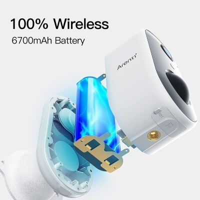 Auricular branco sem fios aberto mostrando bateria azul e componentes internos