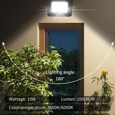 Refletor LED exterior montado na parede com texto técnico ao redor