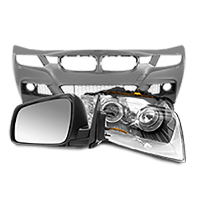 Peças automóveis: para-choques cinza, espelho retrovisor preto e farol com vidro transparente