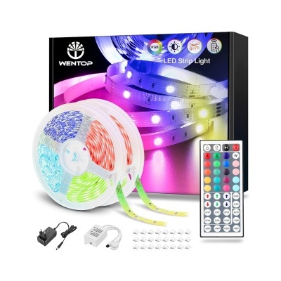 Fita LED RGB com controlo remoto e acessórios em embalagem preta