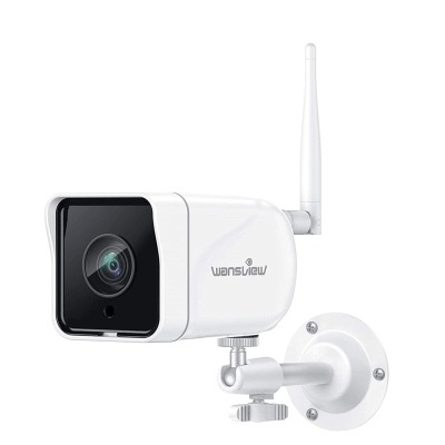 Câmara de vigilância branca com lente preta e antena