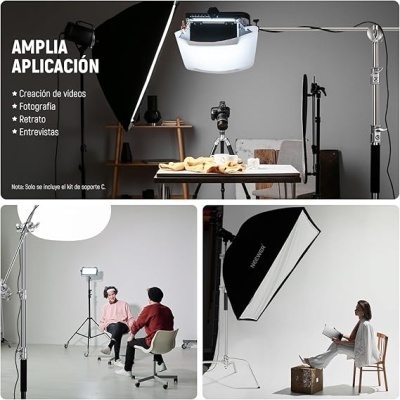 Equipamento de estúdio de iluminação para fotografia e vídeo em diferentes configurações com texto 'AMPLIA APLICACIÓN'.