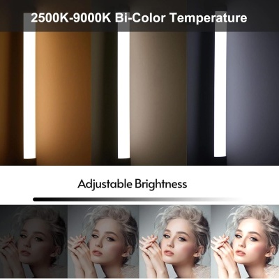 Barra de luz LED com ajuste de temperatura e brilho demonstrada em fotos de modelo