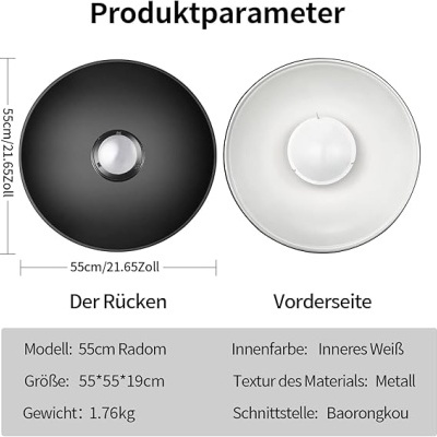 Dois refletores de luz metálicos, um com interior branco e o outro preto, com medidas 55cm.