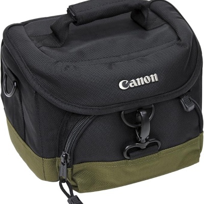 Bolsa de transporte preta e verde para câmara Canon