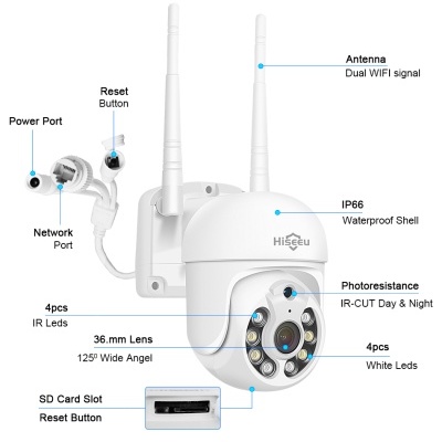 Câmara de segurança branca Hiseeu com antenas e LEDs