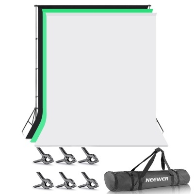 Conjunto de fundos fotográficos em branco, verde e preto com acessórios e bolsa de transporte