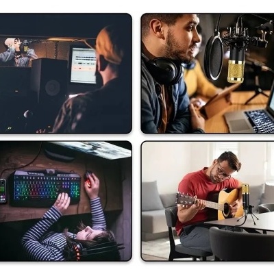 Pessoas a trabalhar em estúdio musical com instrumentos, microfones e equipamentos audiovisuais