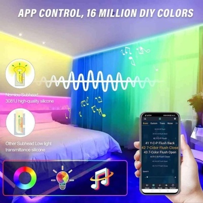 Quarto iluminado com luzes LED coloridas controladas por aplicação móvel