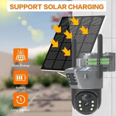 Painel solar e câmara de segurança fixados junto a uma parede
