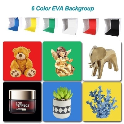 Seis fundos coloridos em EVA com diferentes objetos em frente, incluindo ursinho, anjo, elefante, creme, planta e coral.