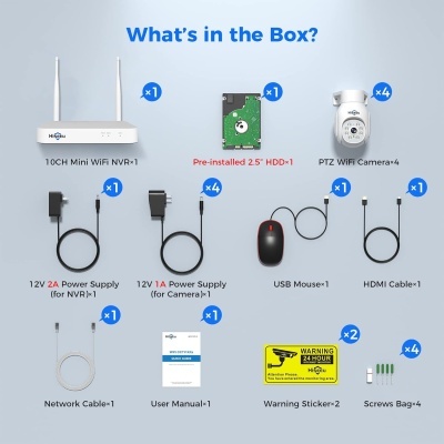Componentes de kit de vigilância incluindo NVR, HDD, câmaras WiFi, fontes de alimentação, cabos, rato USB, manual e autocolantes de aviso.