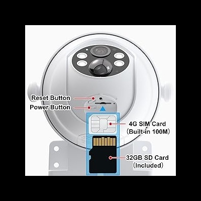 Dispositivo circular branco com botões e slots para SIM e cartão SD