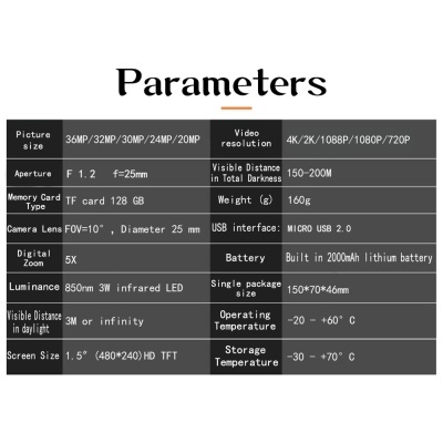Tabela de parâmetros técnicos de dispositivo com especificações como resolução, bateria, zoom, temperaturas e interface USB