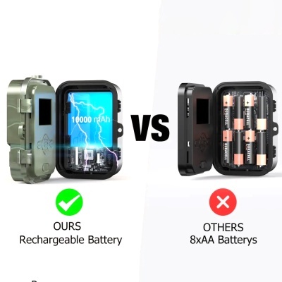 Baterias recarregáveis comparadas lado a lado com texto explicativo.