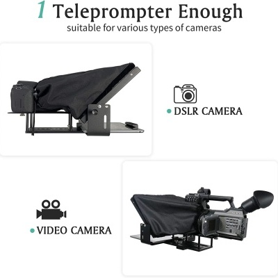 Teleprompter preto para câmaras DSLR e de vídeo com estrutura metálica.